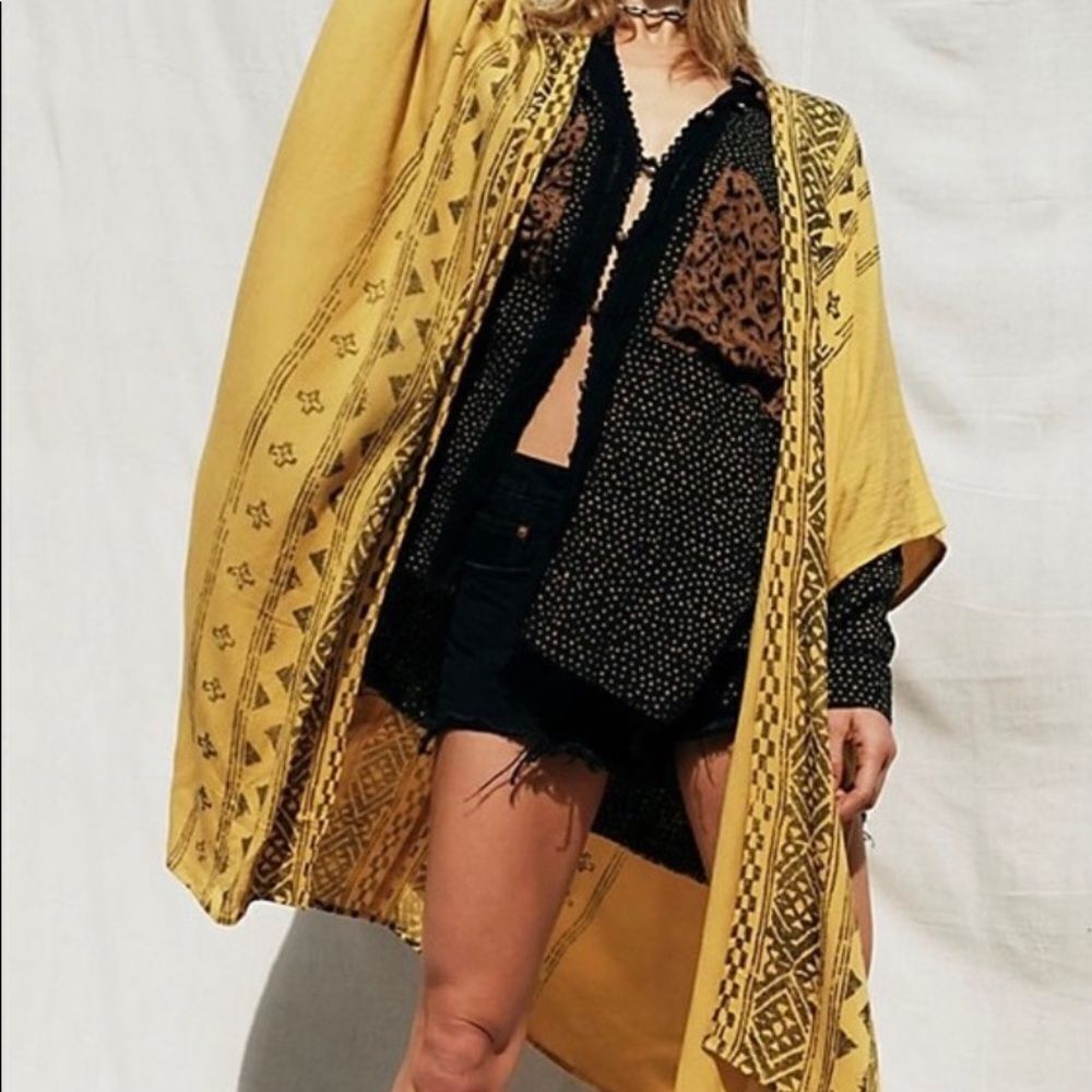 Free People Mustard Black Tribal Aztec Western Boho Print Duster Kimono OS